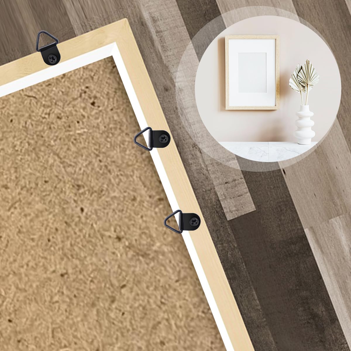 100 Pack Steel Picture Hangers with 100pcs 8mm Screws, Small Triangle Ring, Light Duty D Rings for Clock, Decoration, Mirror, Paintings, Artwork Picture Frame (Black)