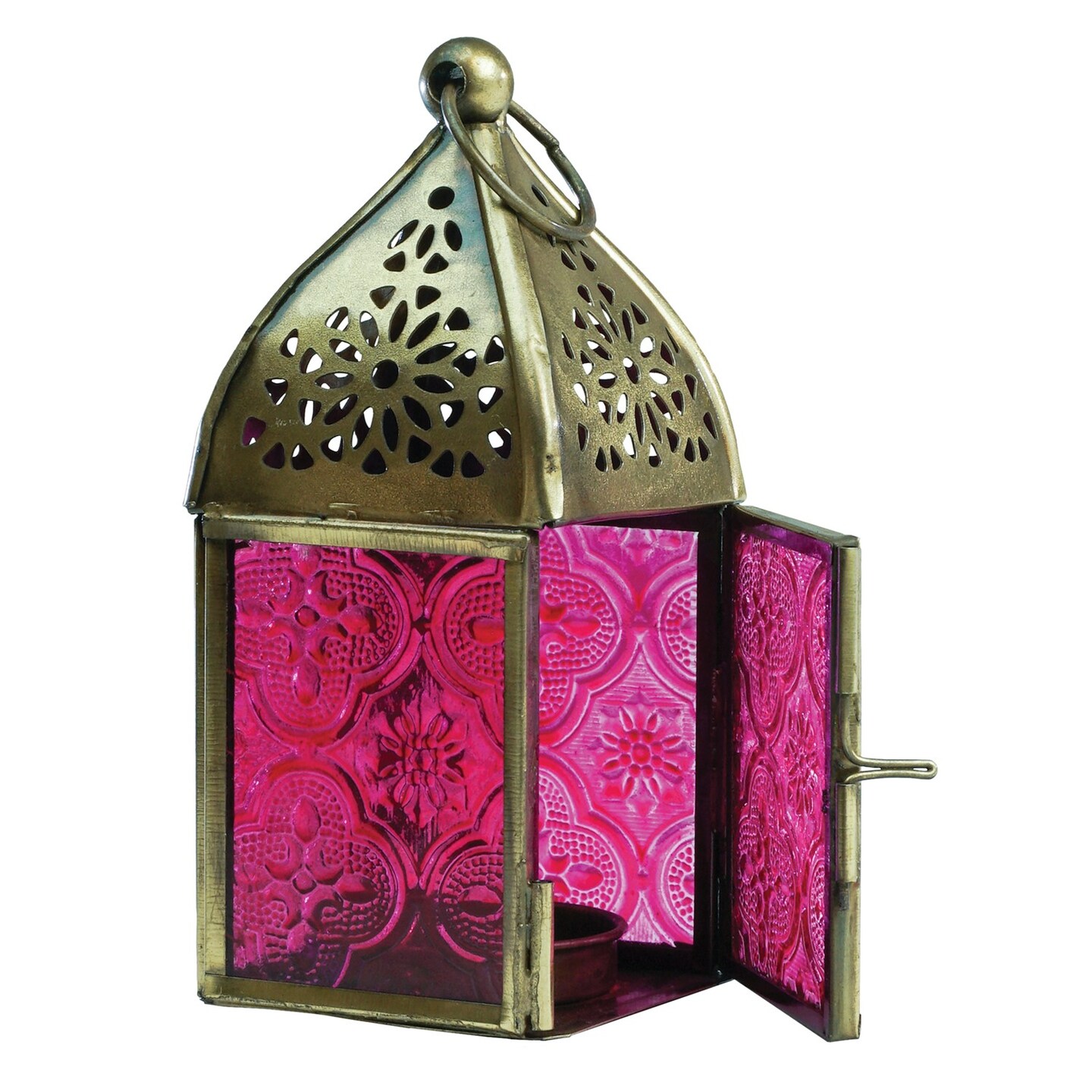 In the Breeze 9200 — Pink Mini Square Tealight Lantern — Moroccan-Style Boho Chic Tealight Glass and Metal Tabletop Lantern