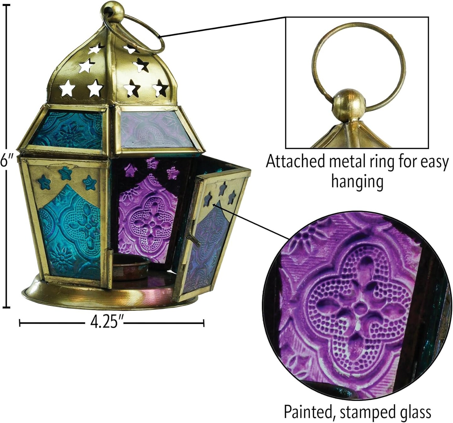 In the Breeze 9210 —Teal & Purple Hex Tealight Lantern — Moroccan-Style Boho Chic Tealight Glass and Metal Tabletop Lantern