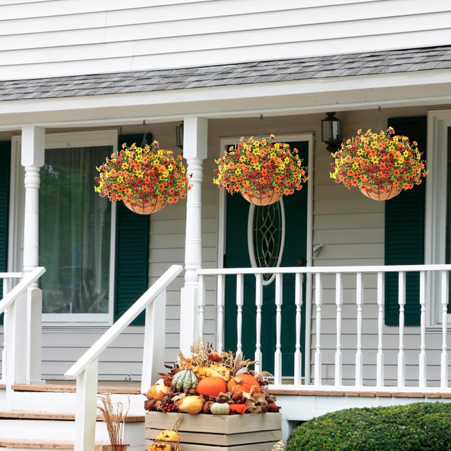 Artificial Faux Hanging Flowers Plants Basket for Outdoor Spring Decoration,Fake Silk Daisy in Planter UV Resistant Realistic for Outside Home Porch Patio Yard Balcony Decor(Orange Brown Yellow)