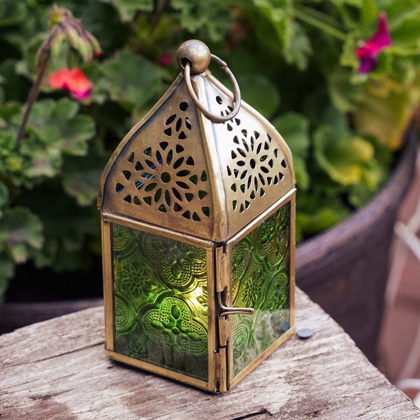 In the Breeze 9202 &#x2014; Green Mini Square Tealight Lantern &#x2014; Moroccan-Style Boho Chic Tealight Glass and Metal Tabletop Lantern
