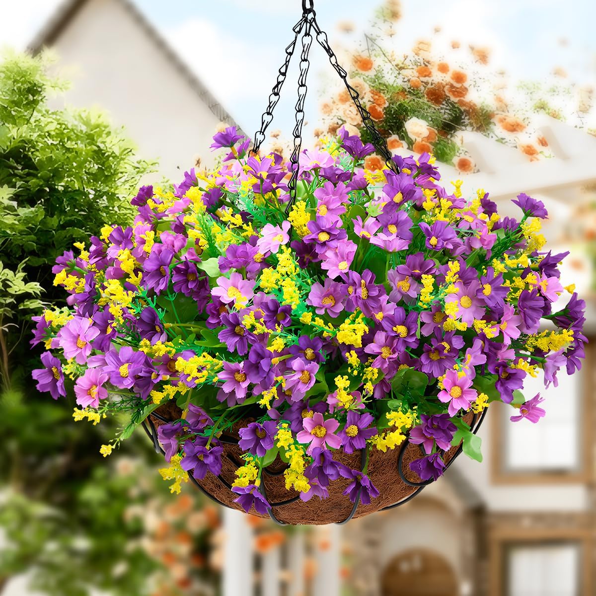 Artificial Hanging Flowers in Basket Outdoor Decoration,Fake Daisy Plants Arrangement,12inch Coconut Lining Pot,Outdoor Indoor Patio Lawn Garden Porch Summer Decor (Dark Purple)