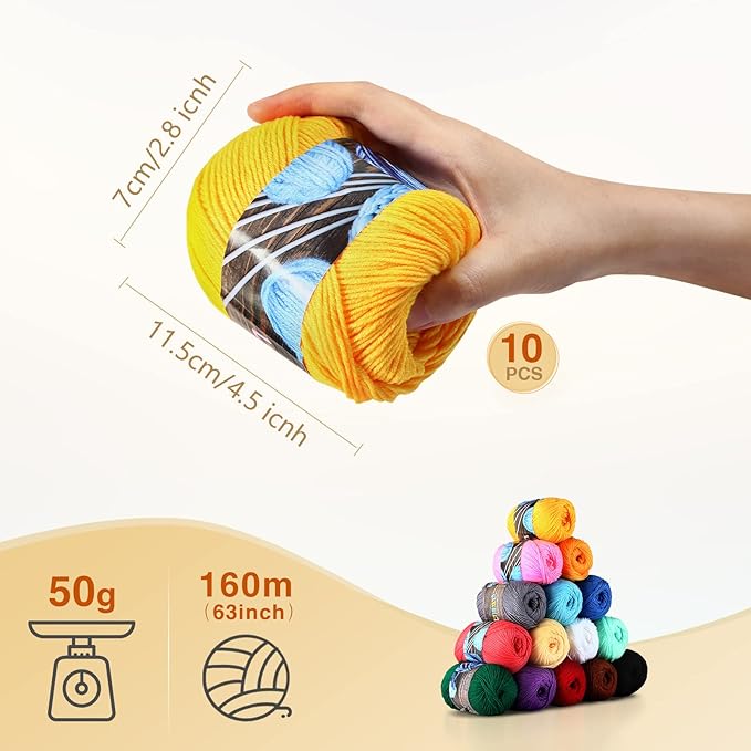 Multicolor Acrylic Yarn 15-Pack – 175yds Each, Beginner Crochet & Knitting Kit with Hooks & Accessories