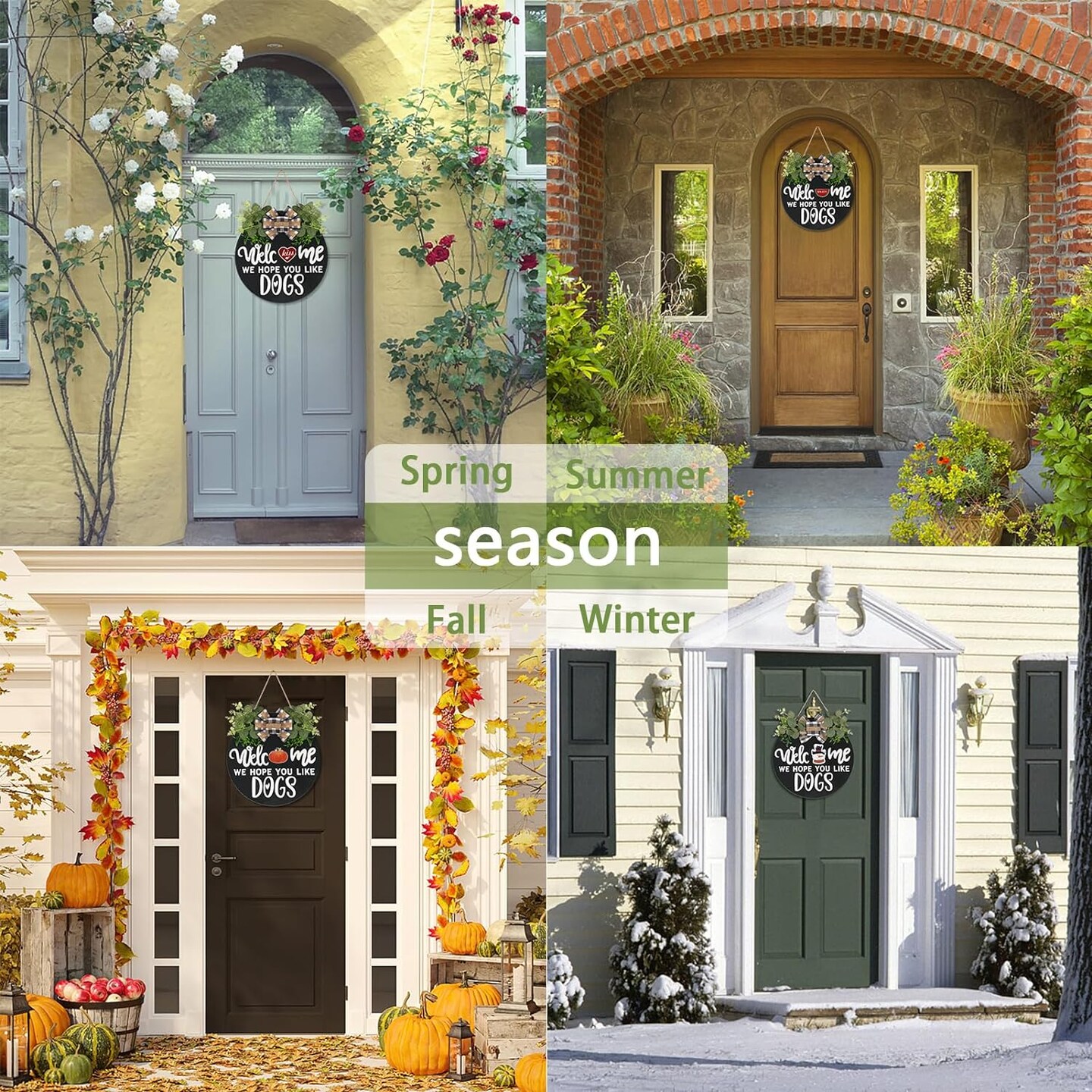 Interchangeable Wooden Seasonal Welcome Sign, Rustic Round Dogs Sign Front Door Wreaths
