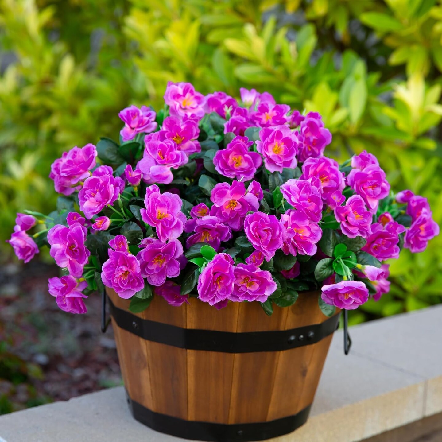 Artificial Faux Outdoor Flowers Plants for Outside Summer Decoration, Fake Silk Fuchsia Camellia UV Resistant Realistic for Planter Porch Patio Balcony Garden Home, 3 Bundles