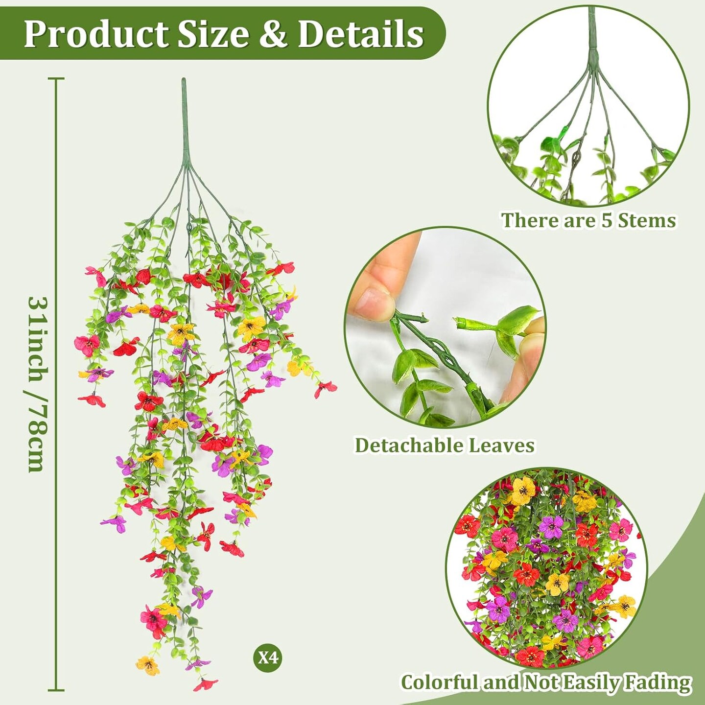 Artificial Flowers for Outdoors Fake Hanging Plants, 4PCS UV Resistant Faux Plastic Greenery Hanging Flowers for Outside Gardens Porch Wall Home Indoor Decor (Mixed Color)