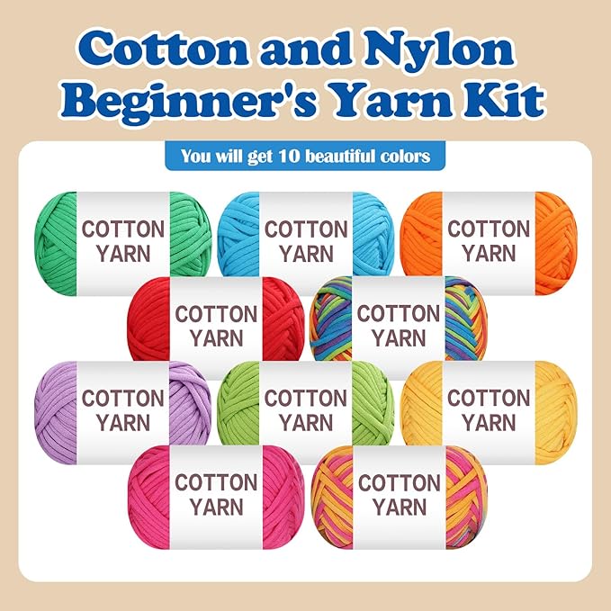 Beginners Yarn Kit 10-Pack – Cotton Nylon Blend for Crochet, Knitting & DIY Crafts