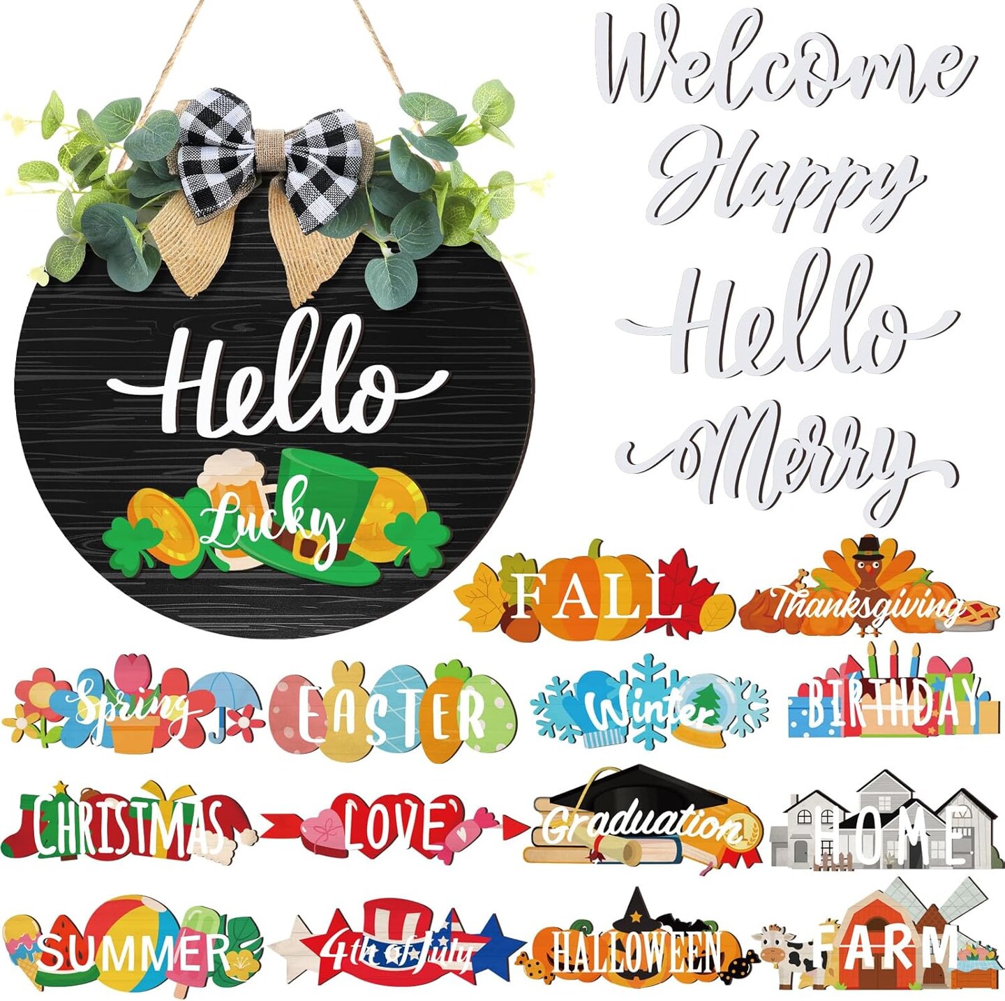 Interchangeable Wooden Seasonal Hello Sign Rustic Round Seasonal Wreaths