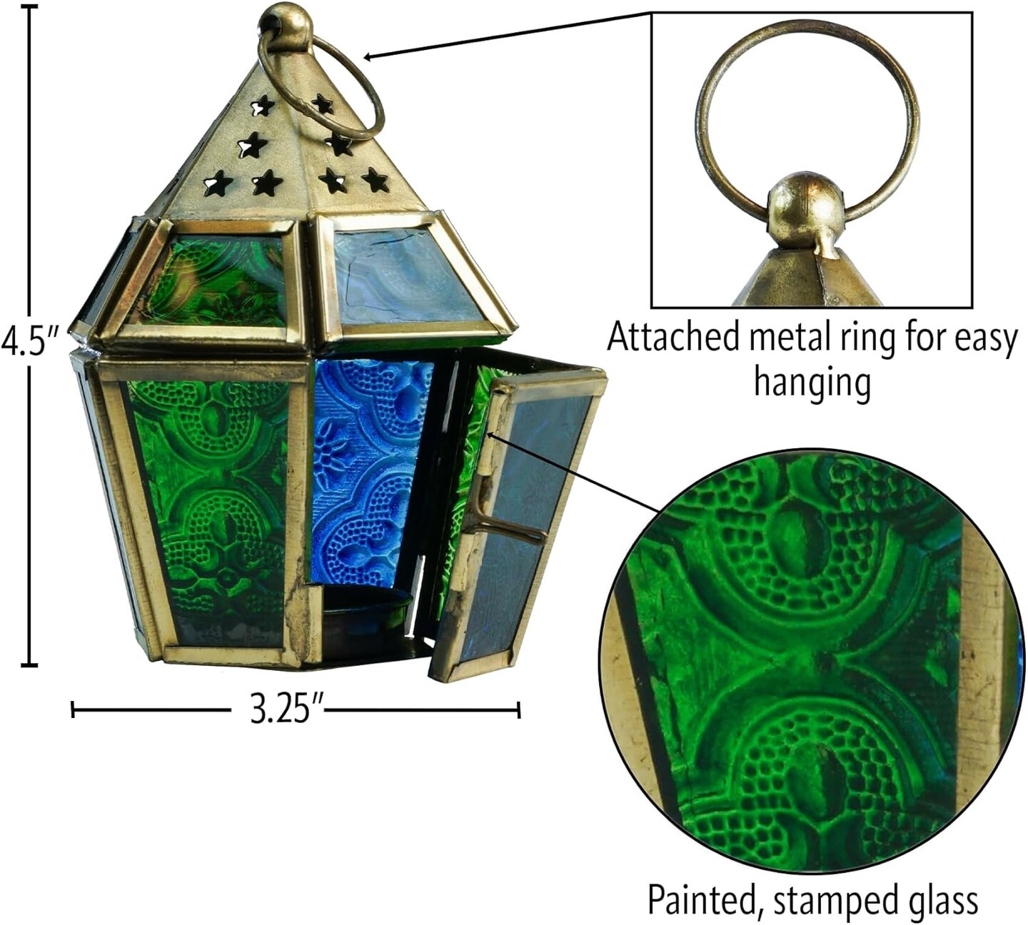 In the Breeze 9205 &#x2014; Blue &#x26; Green Mini Hex Tealight Lantern &#x2014; Moroccan-Style Boho Chic Tealight Glass and Metal Tabletop Lantern