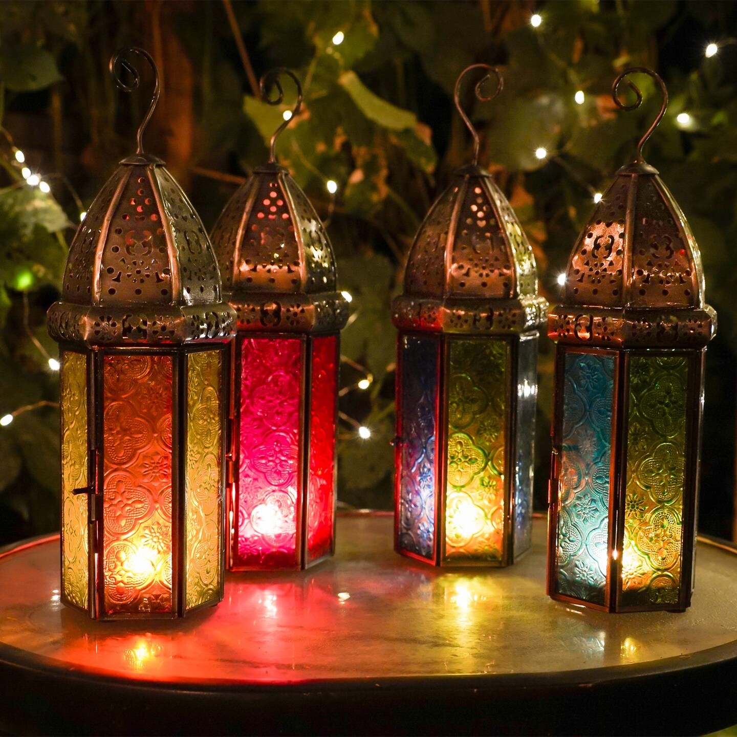 In the Breeze 9214 — Orange & Yellow Large Hex Tealight Lantern — Moroccan-Style Boho Chic Tealight Glass and Metal Tabletop Lantern