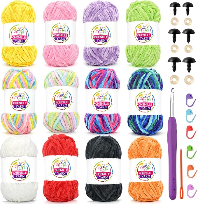 12 Pack Rainbow Velvet Chenille Yarn for Crocheting,Multicolor Fluffy Velvet Plush Yarn Thick Soft Chunky Chenille Yarn Baby Blanket Yarn for Crocheting Knitting Beginners(Multicolor 01)