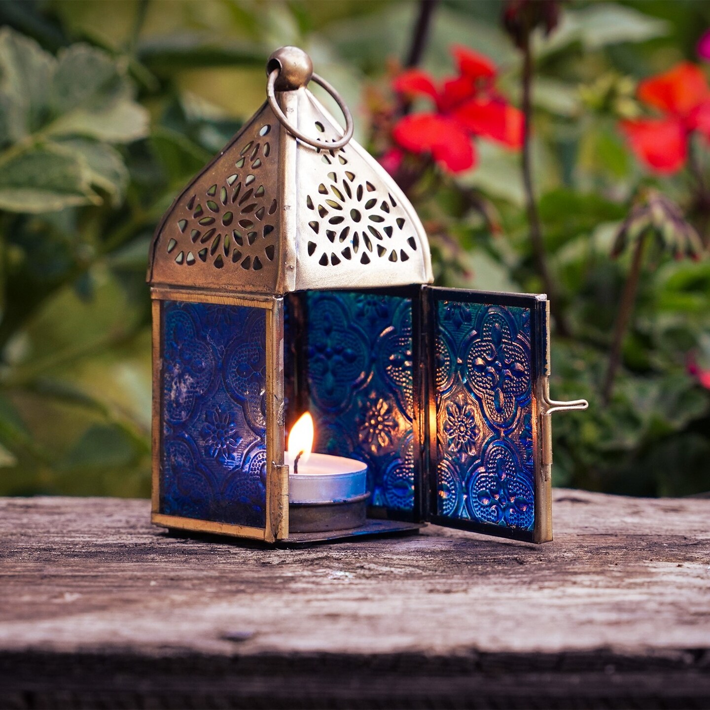 In the Breeze 9201 — Blue Mini Square Tealight Lantern — Moroccan-Style Boho Chic Tealight Glass and Metal Tabletop Lantern