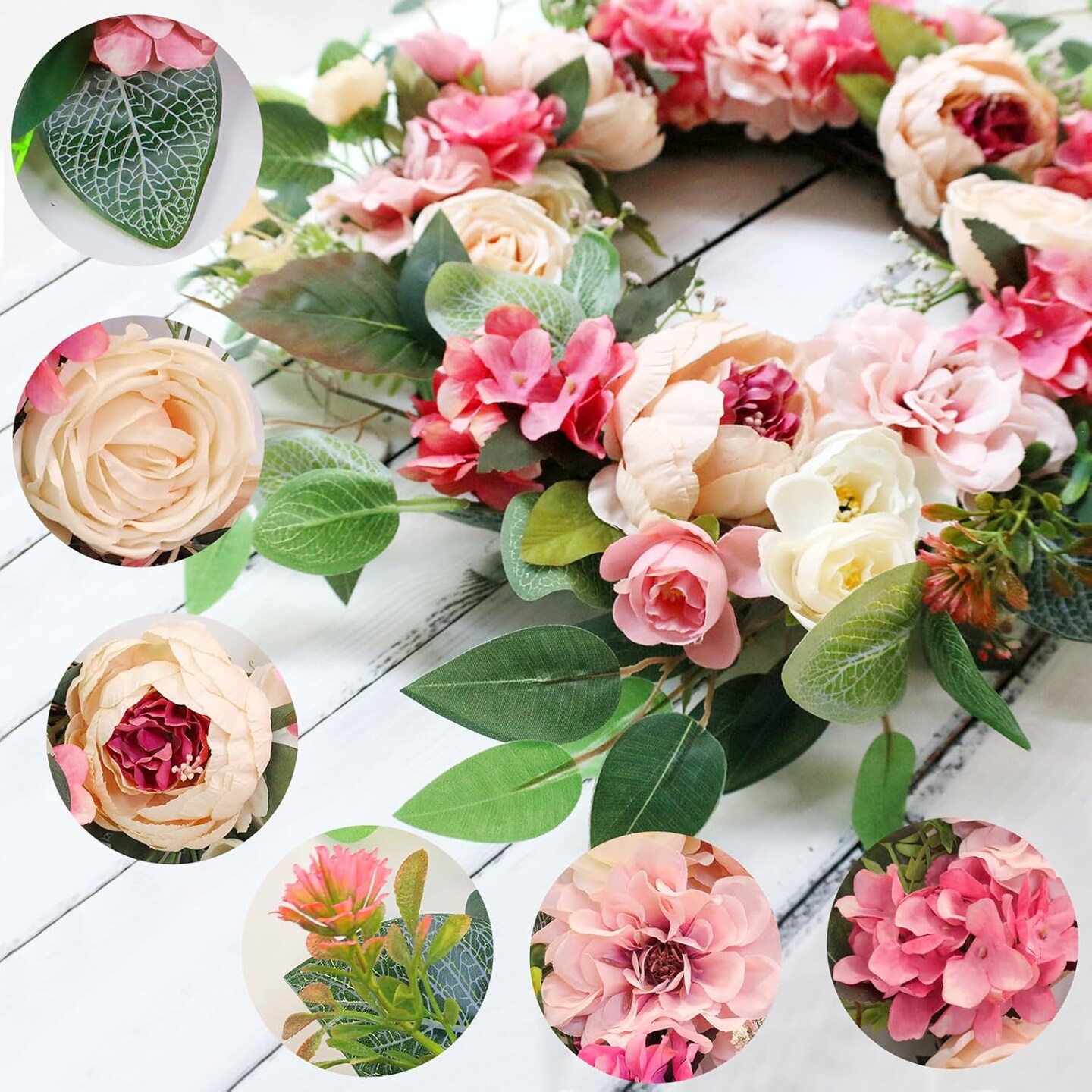 Peony Floral Wreath 22" Spring Wreaths for Front Door & Lights Timer Large Pink Peonies