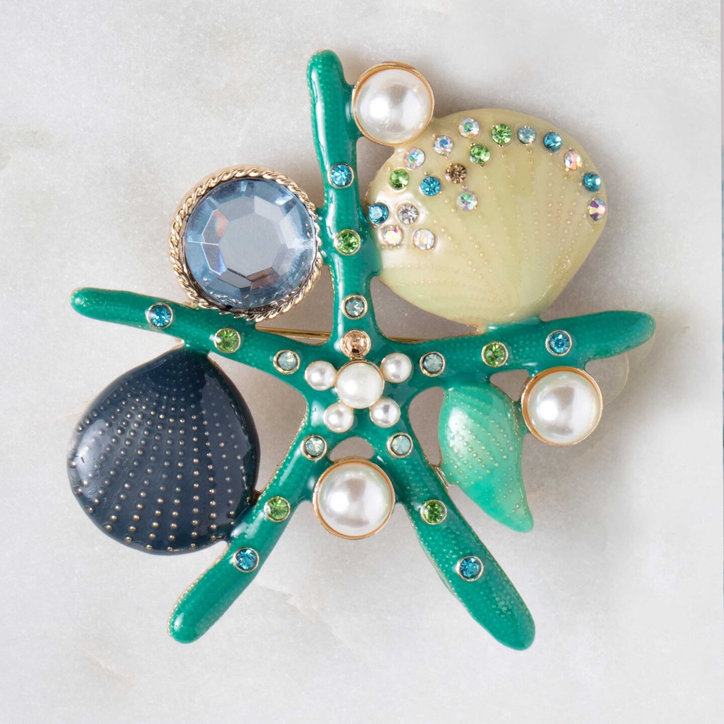 Enamel and Rhinestone Starfish Cluster Brooch