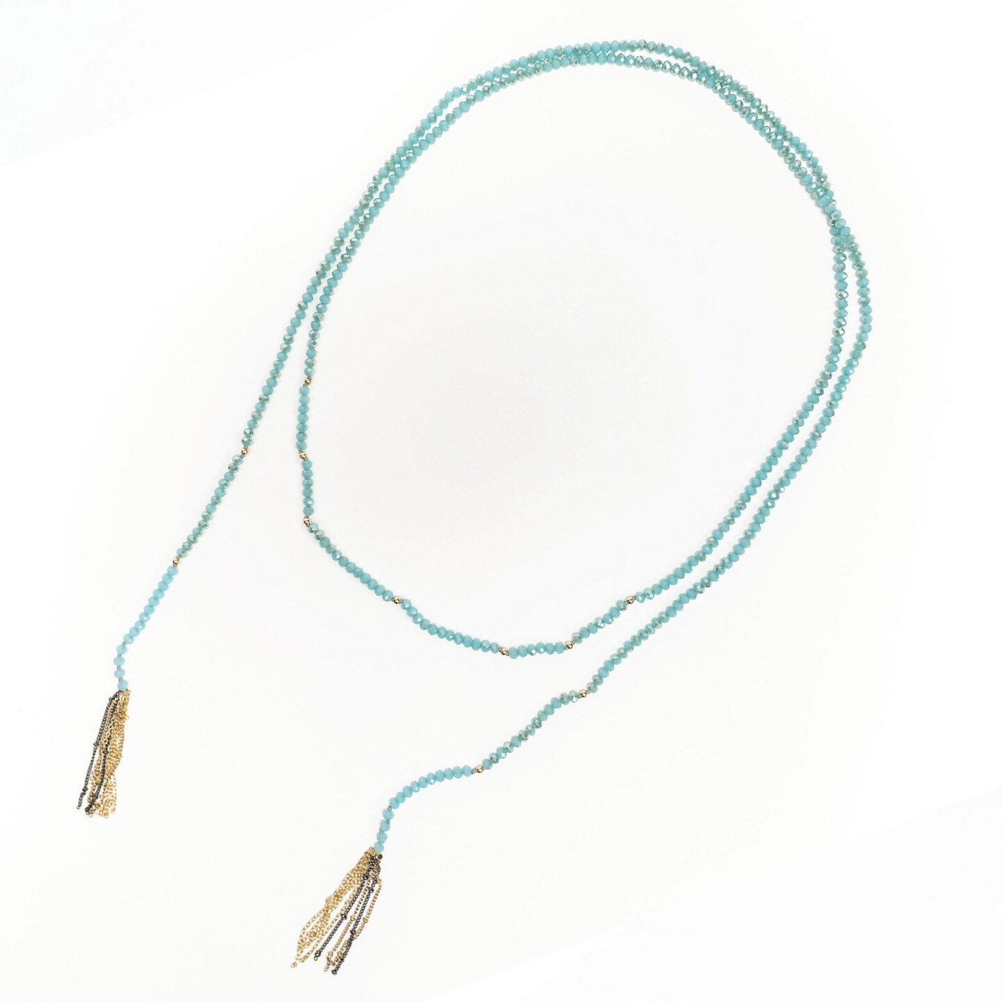 Aqua Beaded Lariat Wrap Necklace with Gold Chain