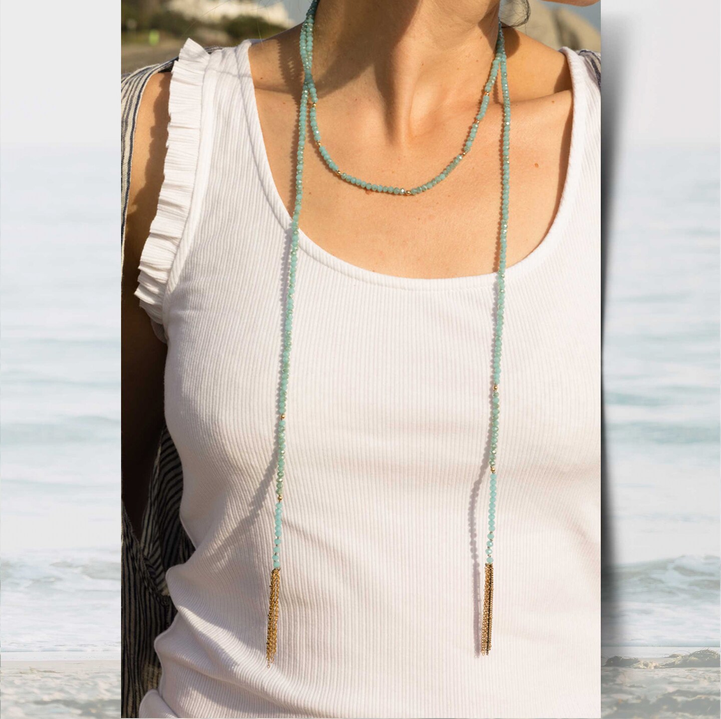 Aqua Beaded Lariat Wrap Necklace with Gold Chain