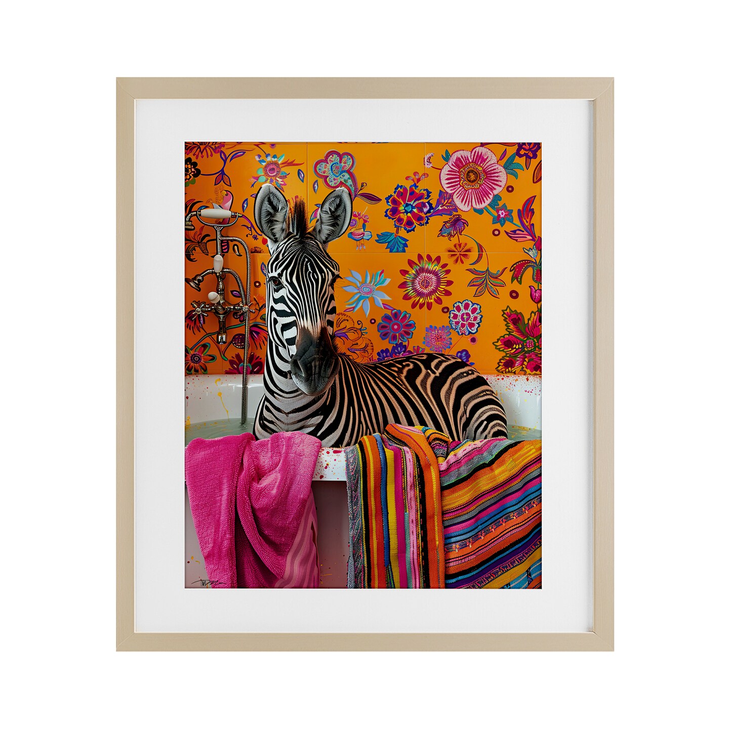 Stupell Industries Zebra Bath with Colorful Towel Framed Print Under Glass, design by Momart