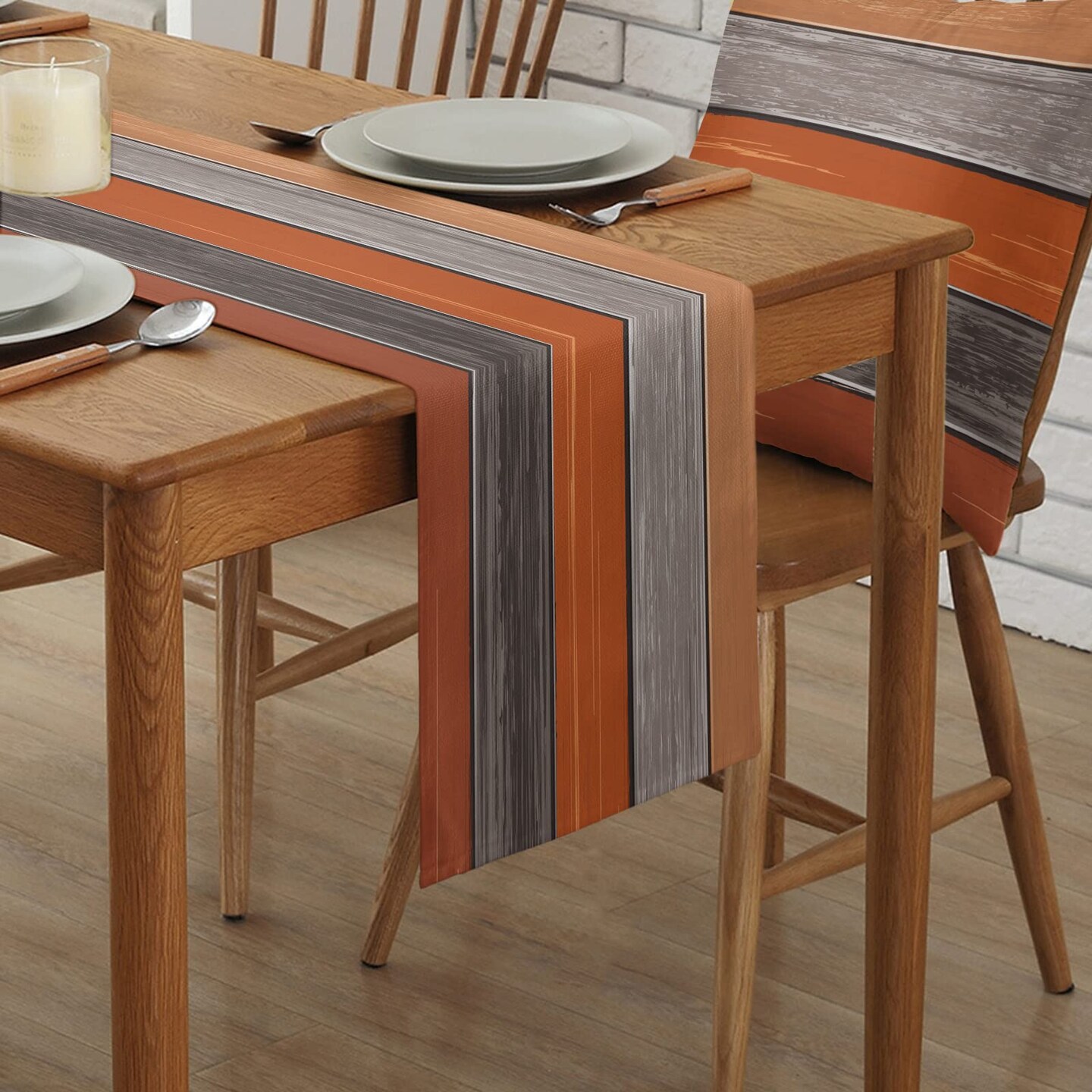 Farmhouse Cotton Linen Table Runner Dresser Scarf Retro Rustic Barn Wood Texture Ombre Burnt Orange Gray Non-Slip Rectangle Settings Decoration for Kitchen Home Dining Holiday,70 inches Long