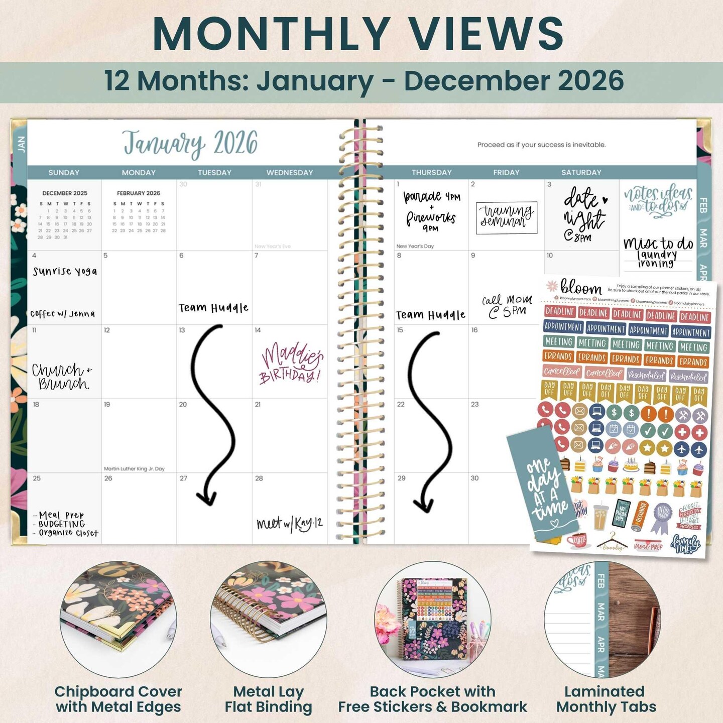 bloom daily planners 2026 Hard Cover Weekly & Monthly Planner, 8.5" x 11", Blooming Wildly