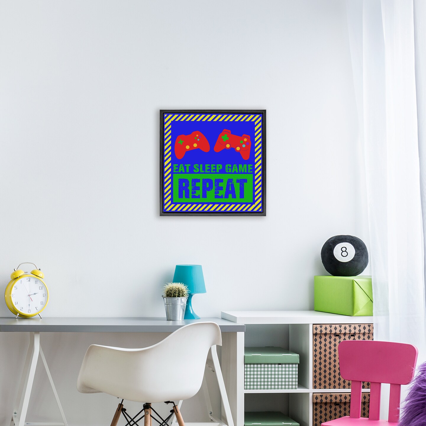 Stupell Industries Vibrant Eat Sleep Game Repeat Floating Frame, design by Marcus Prime