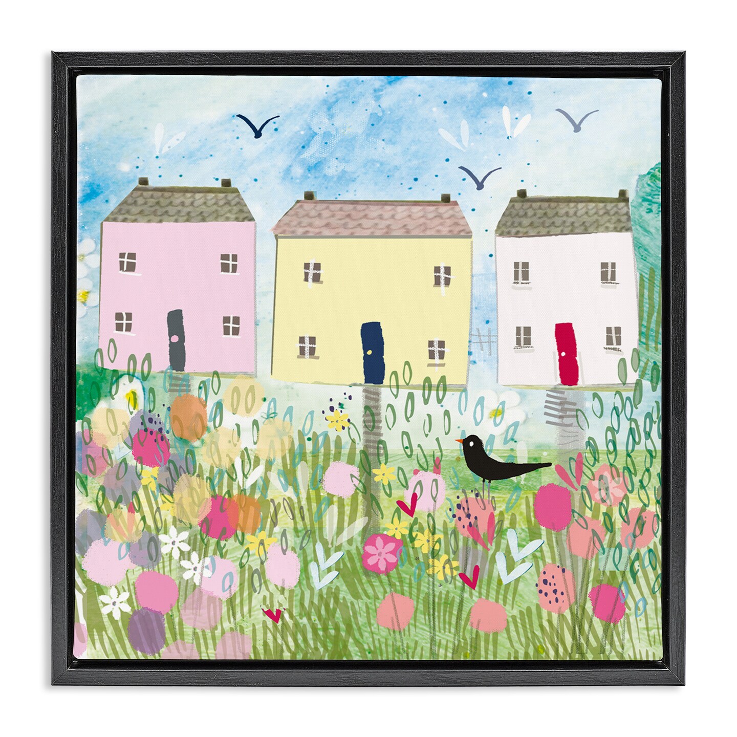 Stupell Industries Row Of Cottages with Crow Floating Frame, design by Clare Tupper