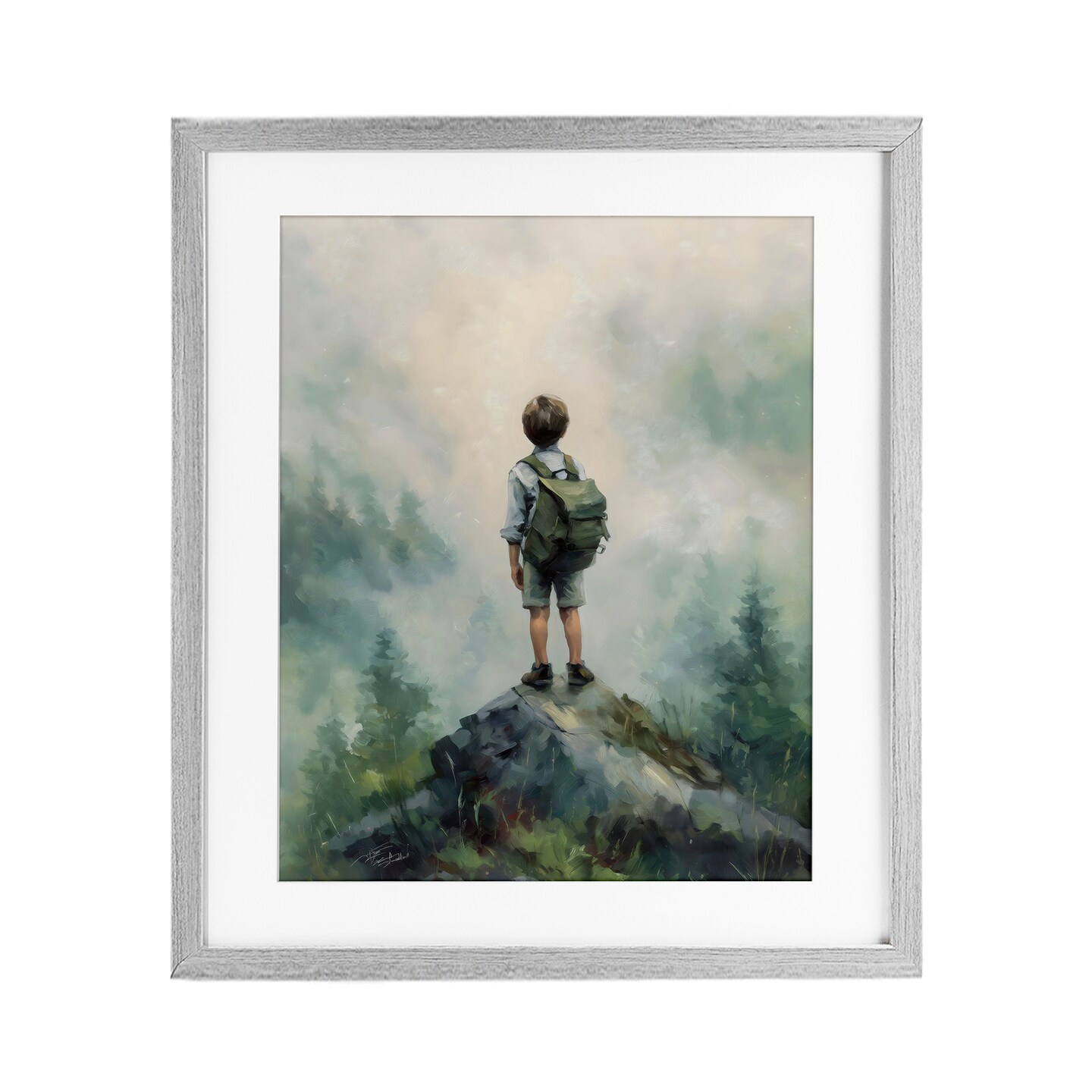 Stupell Industries Boy Adventurer Atop Mountain Framed Print Under Glass, design by Arlington Prints