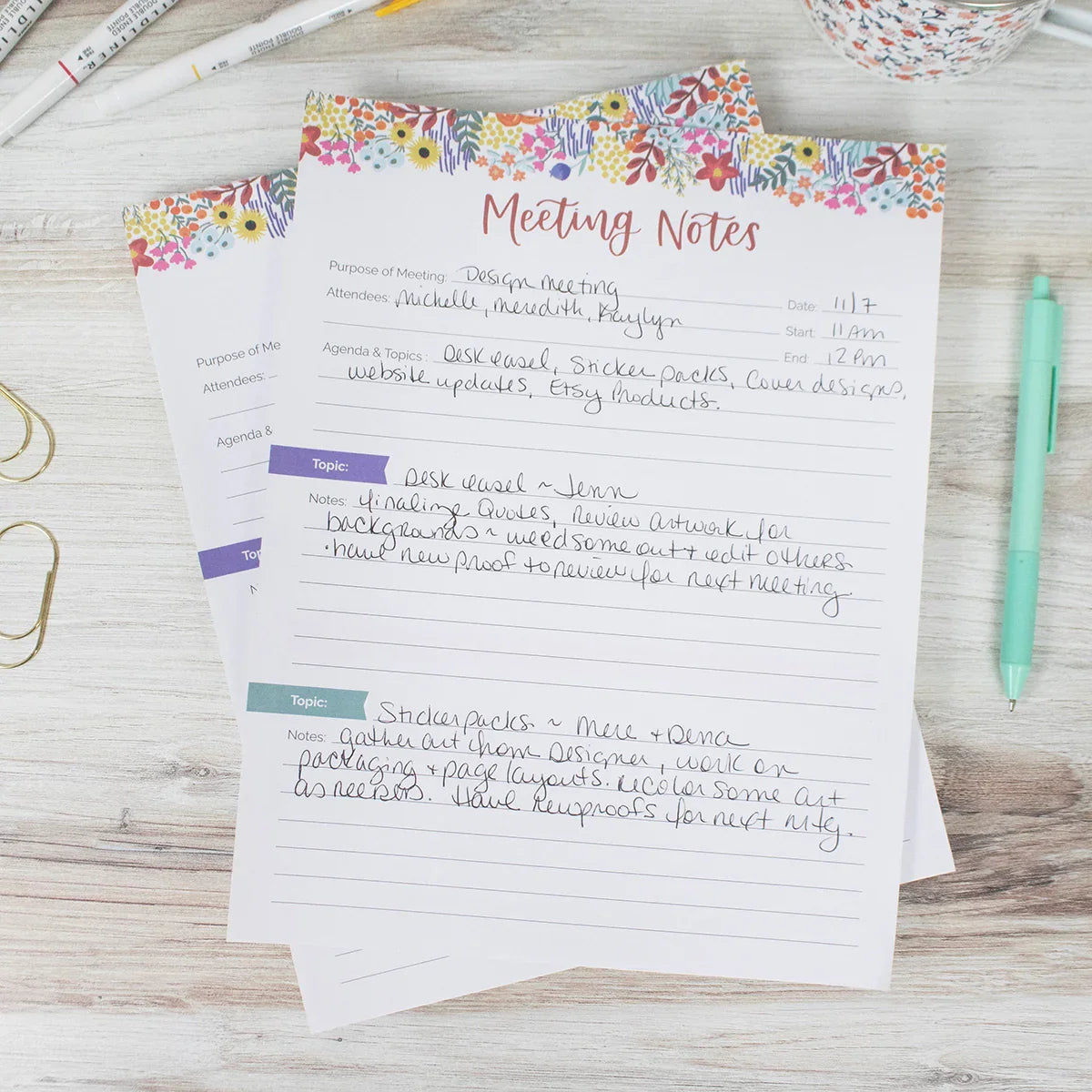 bloom daily planners Planning Pad, 8.5" x 11", Double Sided Meeting Notes, Floral Dots