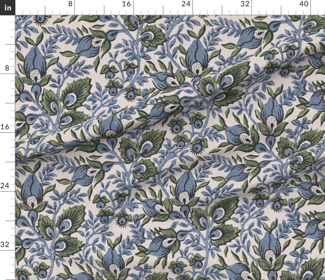 Blue Botanical Green Leaves Modern Floral Paisley Cottagecore Country Farmhouse Custom Printed Fabric by Spoonflower Various Fabrics by the Yard or Fat Quarter