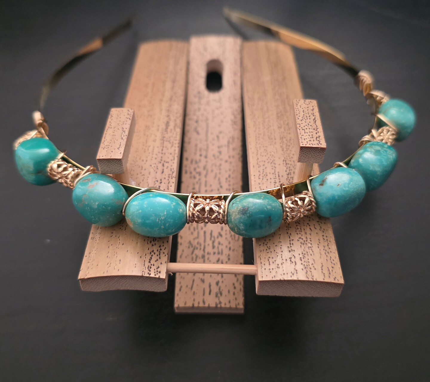Head wraps and turquoise artisan jewelry Turquoise and Rhinestone Stone Scallop Beaded Headband  main image 3