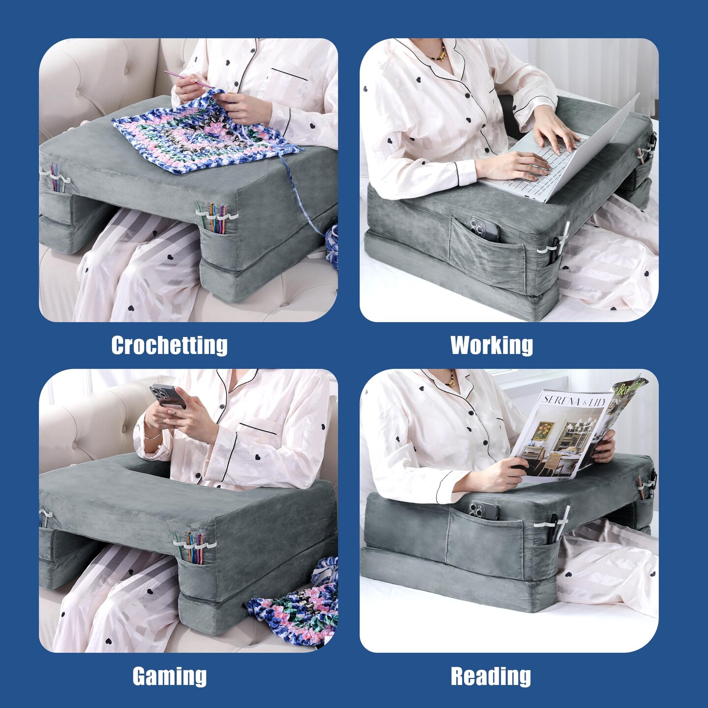 Adjustable Foam Crochet Pillow for Lap Support, Soft Velvet Reading & Gaming Pillow with Side Pocket and Elastic Band, Desk Pillow for Sofa, Bed & Floor, 2 Heights for Adjusting, (Grey)