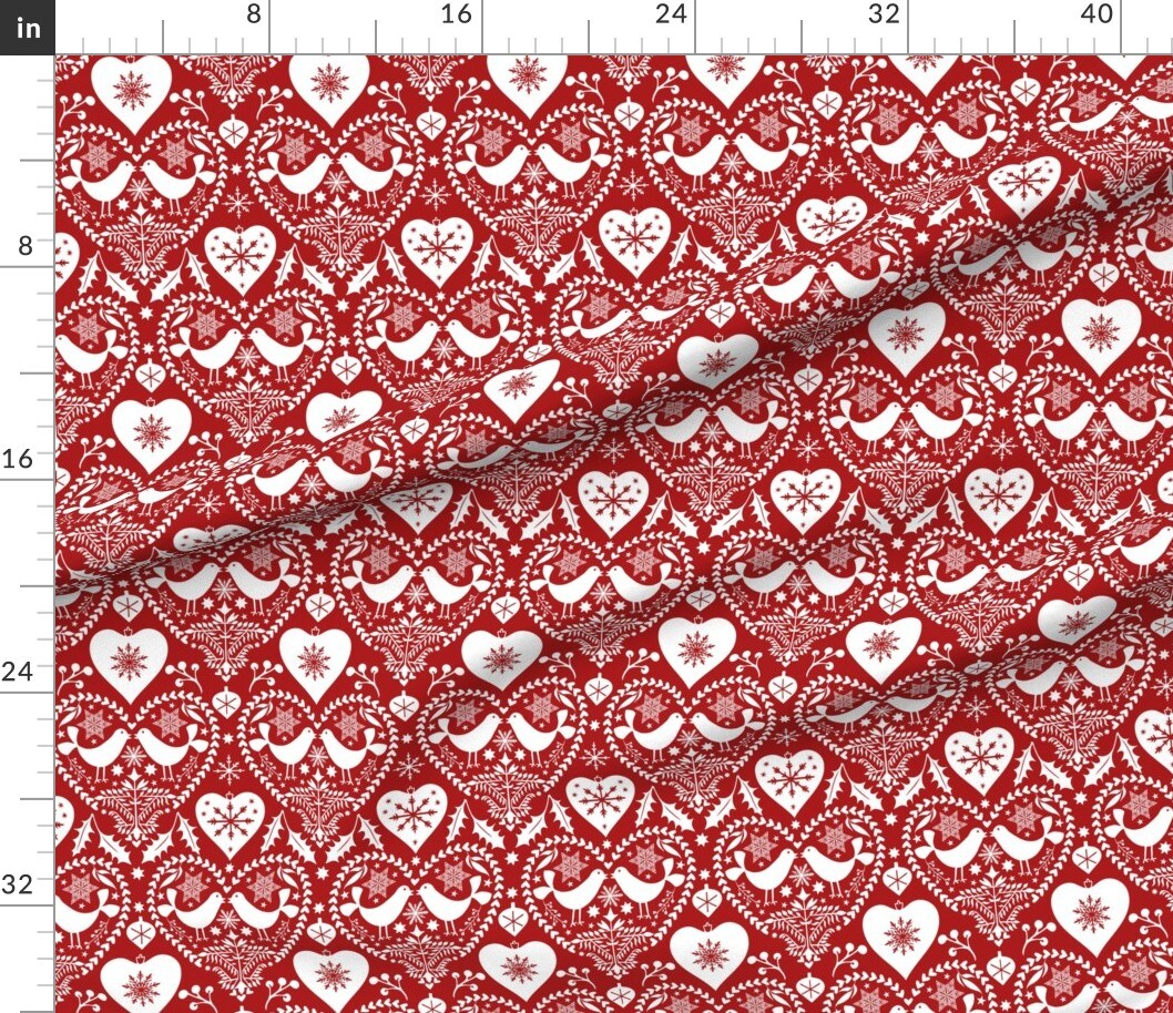 Scandinavian Birds Hearts Holidays Christmas Nordic Folk Art Classic Traditional Red And White Folk Art Christmas Primitive Holly Leaves Stars Custom Printed Fabric by Spoonflower Various Fabrics by the Yard or Fat Quarter