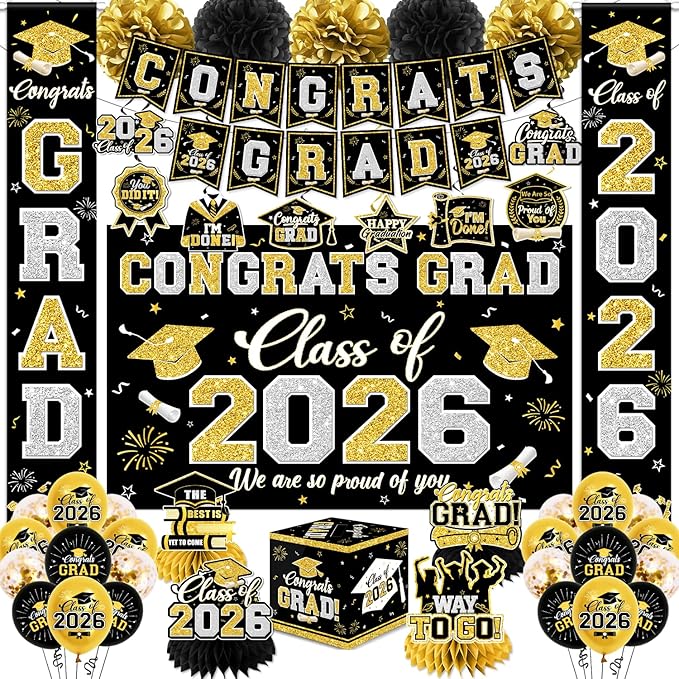 Class of 2026 Graduation Decorations - Black and Gold Congrats Grad Party Set with Backdrop, Porch Signs, Balloons & Swirls - Graduation Box & Honeycomb Centerpieces