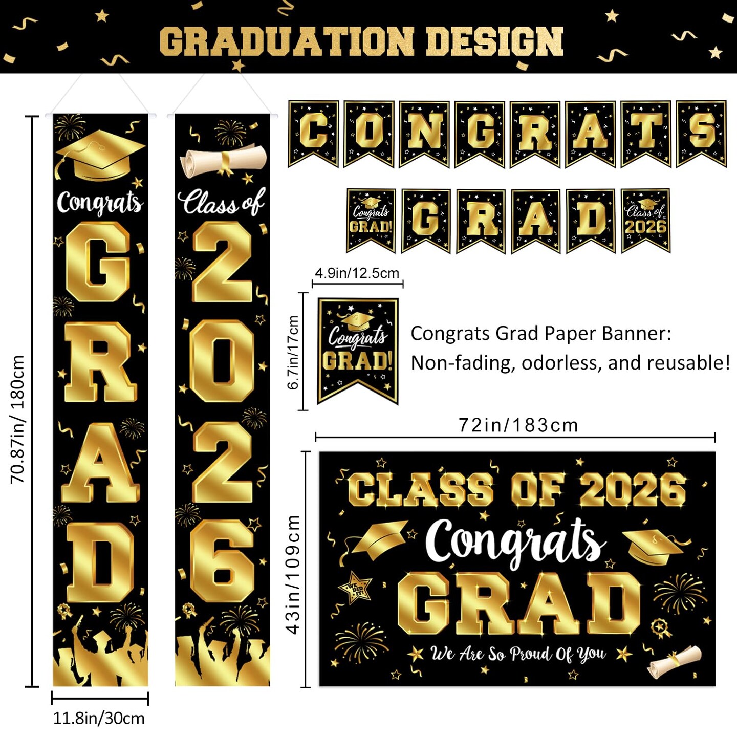 2026 Graduation Decorations - Black and Gold Graduation Decorations Set Congrats Grad Banner & Backdrop, Porch Sign, Hanging Swirls, Balloons, Honeycomb Centerpieces for Congrats Grad Party Decorations