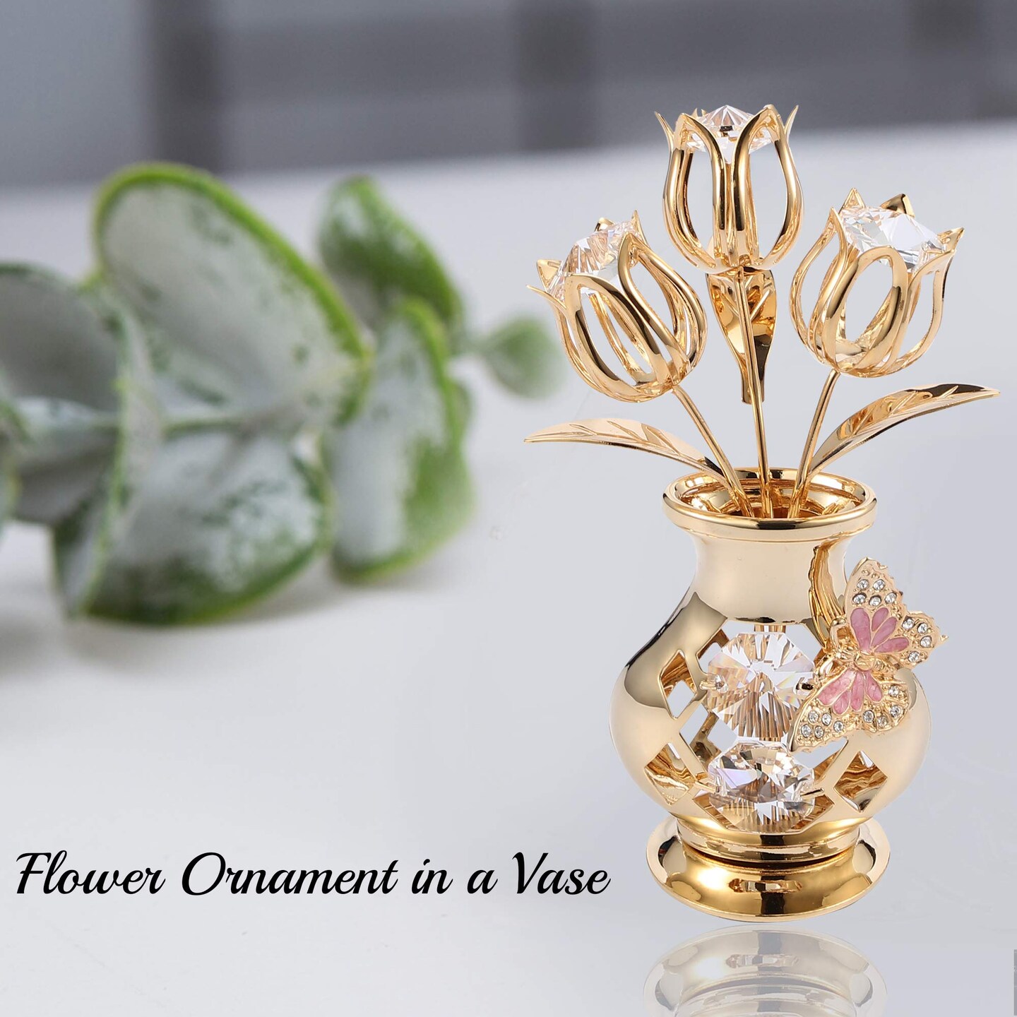 24K Gold Plated Crystal Flower Figurine with Clear Crystals & Butterfly – Luxury Decorative Tulip Statue, Elegant Tabletop Home Décor, for Mother's Day, Valentine's Day, Christmas