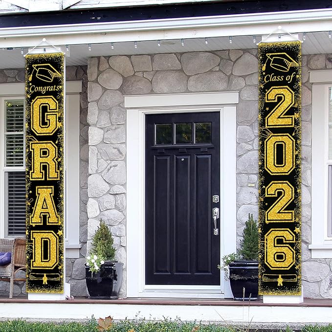 Class of 2026 Black & Gold Graduation Porch Banner Set - "Congrats Grad" Front Door Hanging Signs - Premium Weather-Resistant Fabric Decor for High School & College Graduation Party Supplies
