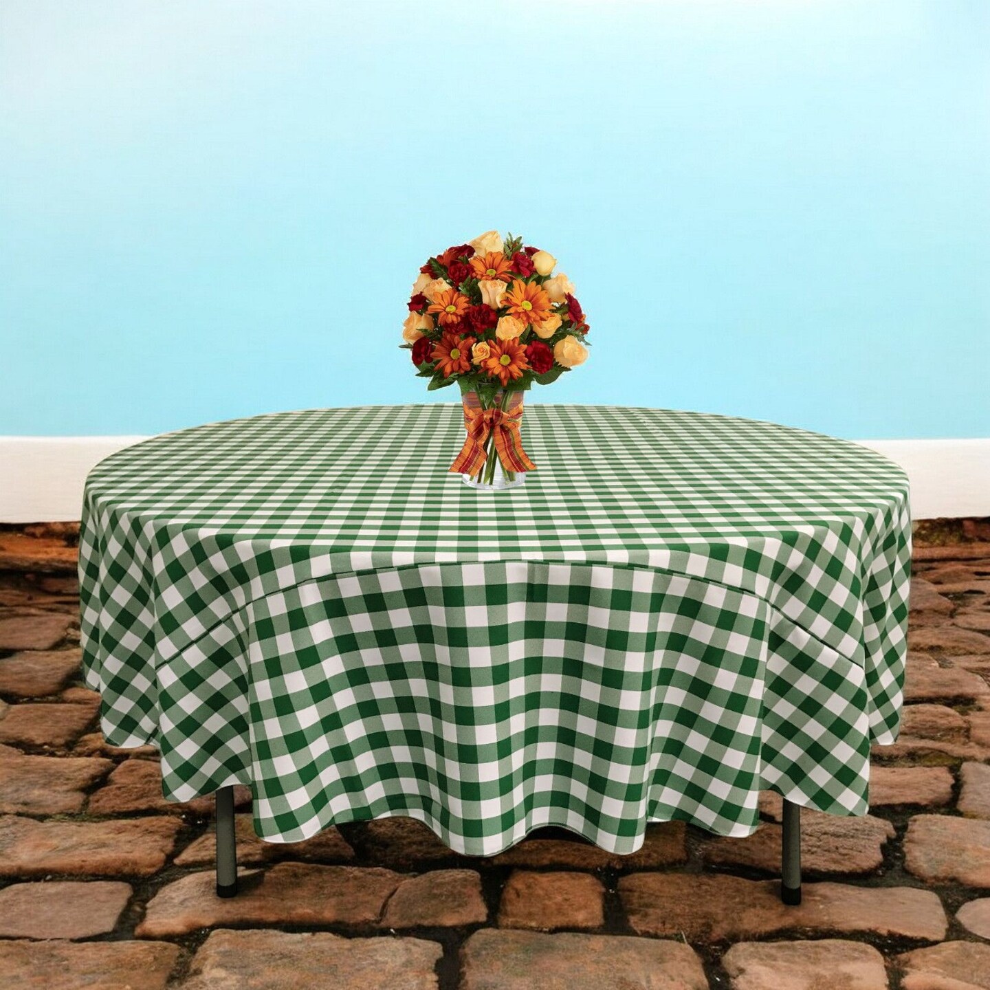 Gingham Checkered Round Tablecloth 90 Inch 3 Panel Spun Polyester White and Black