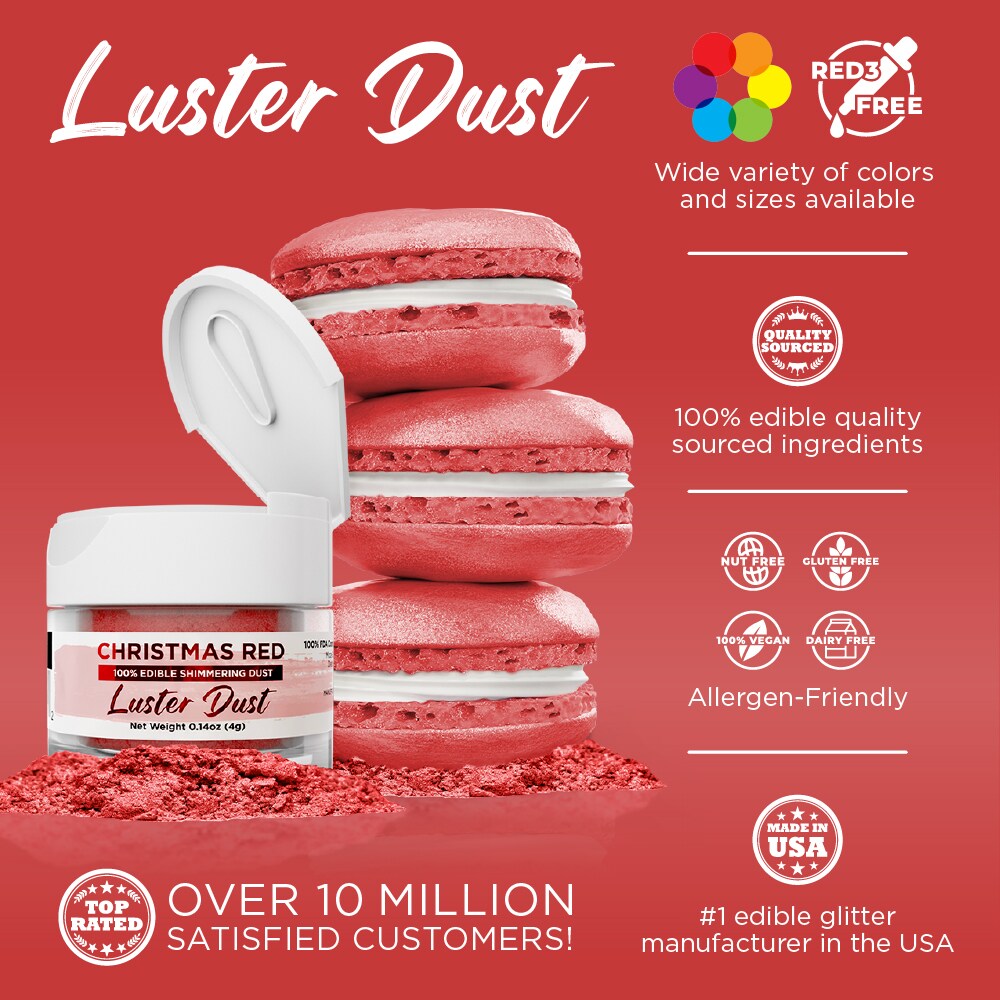 Bakell - Christmas Red Luster Dust (4g, 1x Jar) Edible Vegan Dust &#x26; Paint for Baking, Desserts and Beverages