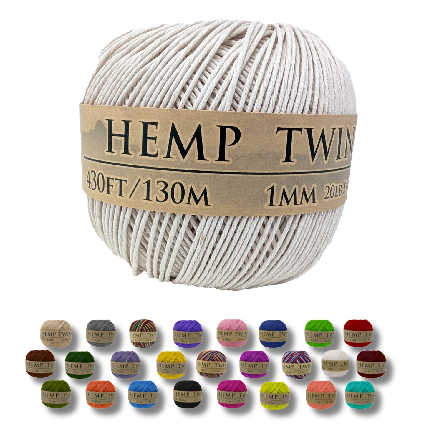 Hemptopia, Hemp Twine Ball, 430ft, 20lb test strength, Multiple colors, All Natural