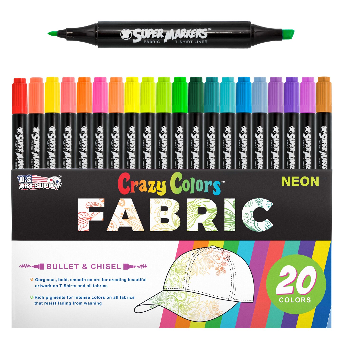 U.S. Art Supply Super Markers 20 Neon Dual Tip Fabric Markers - Fine & Chisel Point Pens Fabric Marker Permanent for Clothes, T-Shirts - Permanent Ink Eye-Catching Ultra-Bright Neon Colors
