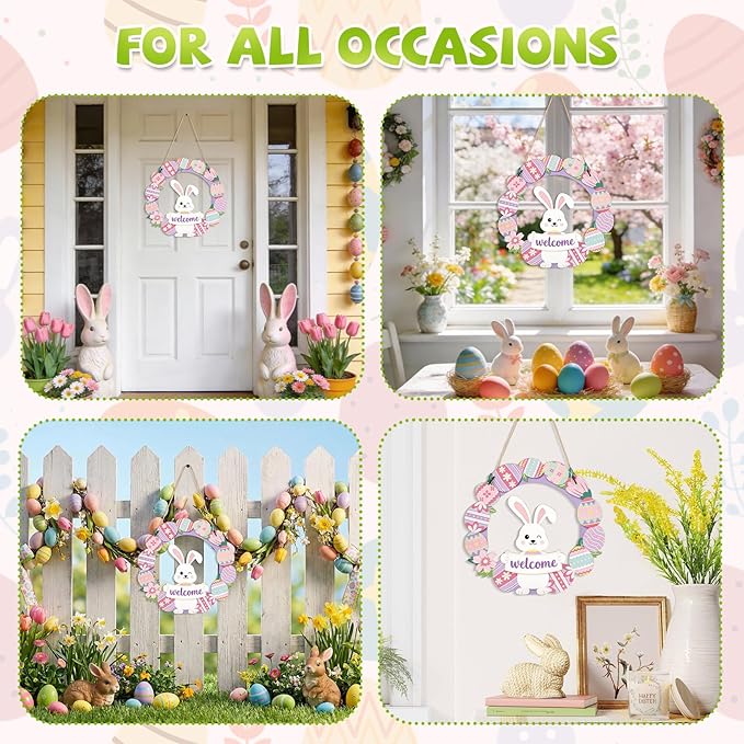 Easter Decorations, Easter Wreath Decor, Rabbit Welcome Sign Door Decoration, for Front Door Porch Window Wall Hanging Decor, Pink Green Spring Decoration for the Home