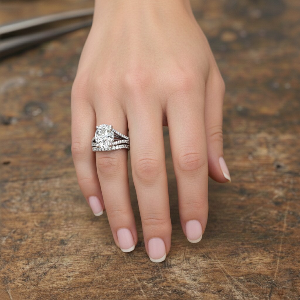 Large Oval Natural Diamond Wedding Ring Set with Band Authentic