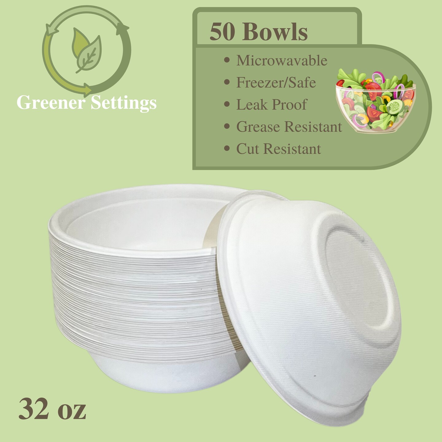 Greener Settings 32 oz Compostable Paper Bowls, 50-Pack &#x2013; Heavy-Duty Bagasse, Biodegradable, Microwavable, Freezer Safe, Leak-Resistant, Eco-Friendly for Hot and Cold Foods