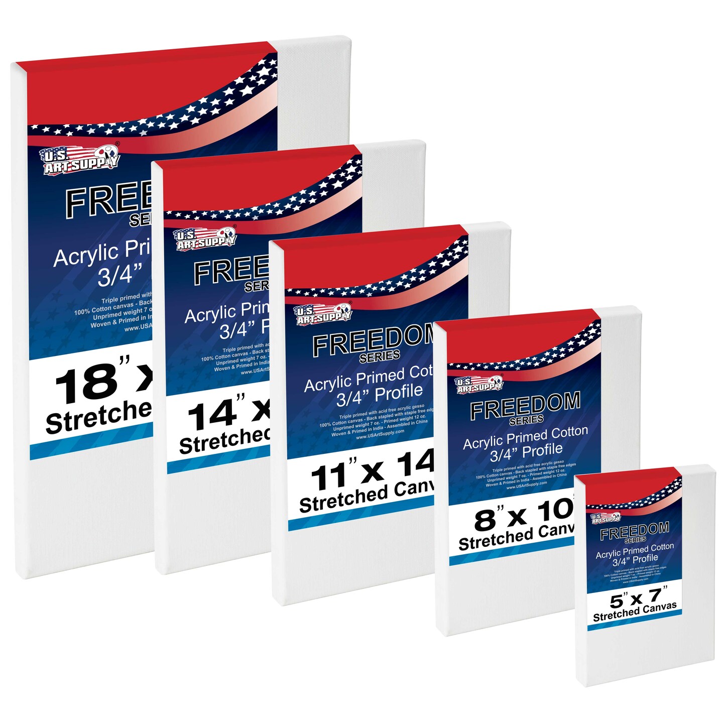 5 Assorted Rectangular Sized Stretched Artist Paint Canvases (5 Pack) 1-each of 18x24&#x22;, 14x18&#x22;, 11x14&#x22;, 8x10&#x22;, 5x7&#x22;