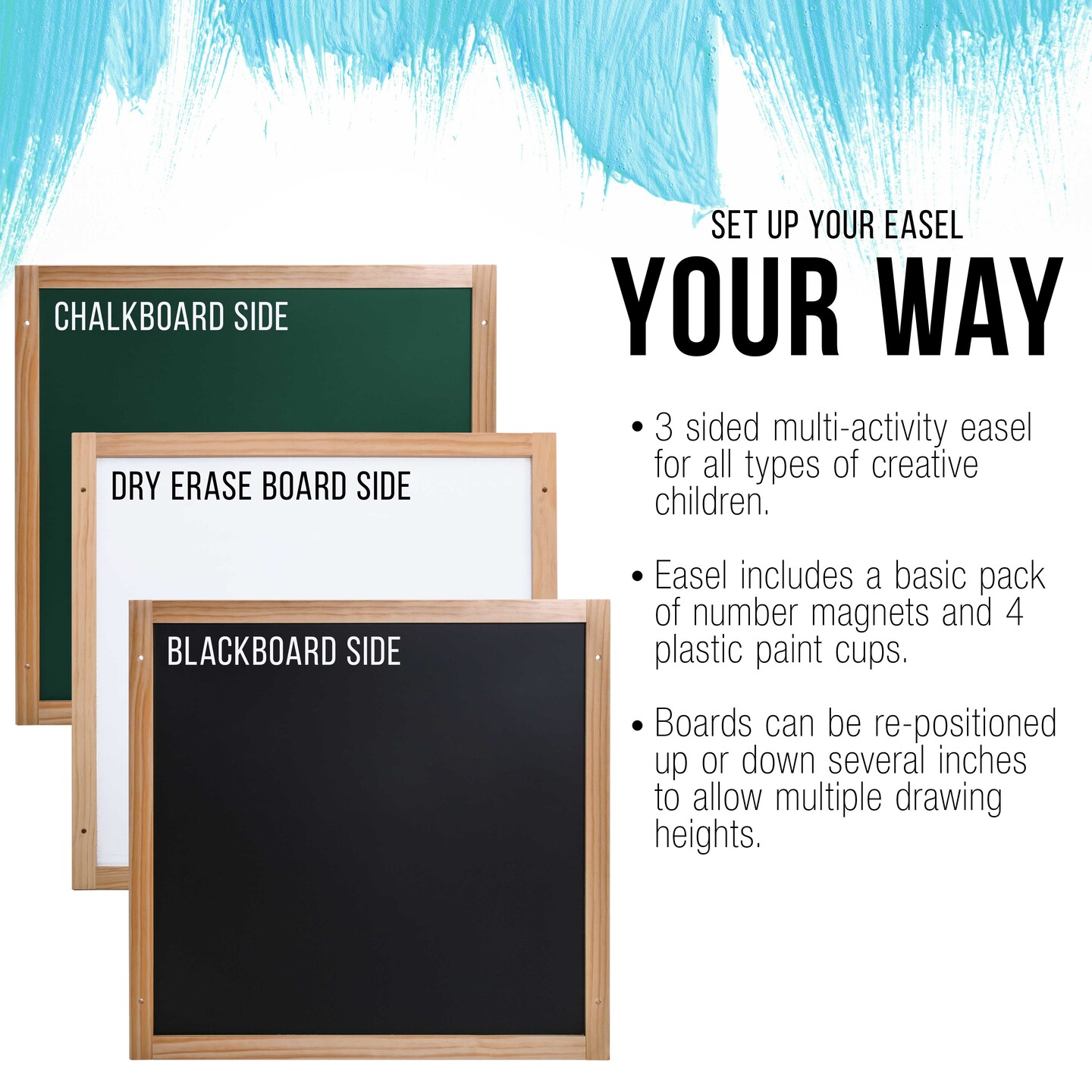 Children&#x27;s 3-Sided Art Activity Easel with 3 Magnetic Stations, Chalkboard, Blackboard, Dry Erase White Board, Paper Roll, Paint Cups Shelf - Painting