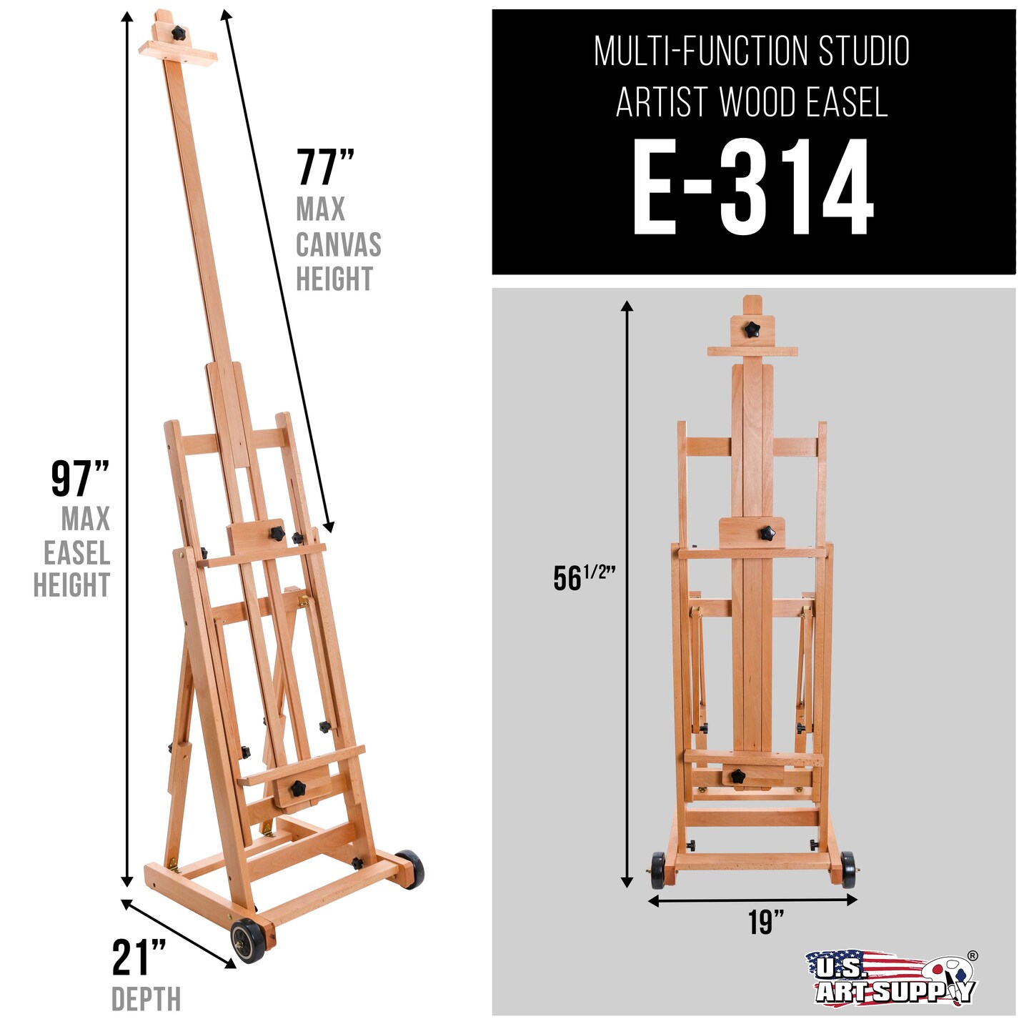 Multi-Function Studio Artist Wooden Floor Easel - Large Adjustable H-Frame, Tilts Flat, Mast Adjusts to 97&#x22; High - Sturdy Beechwood Painting Canvas