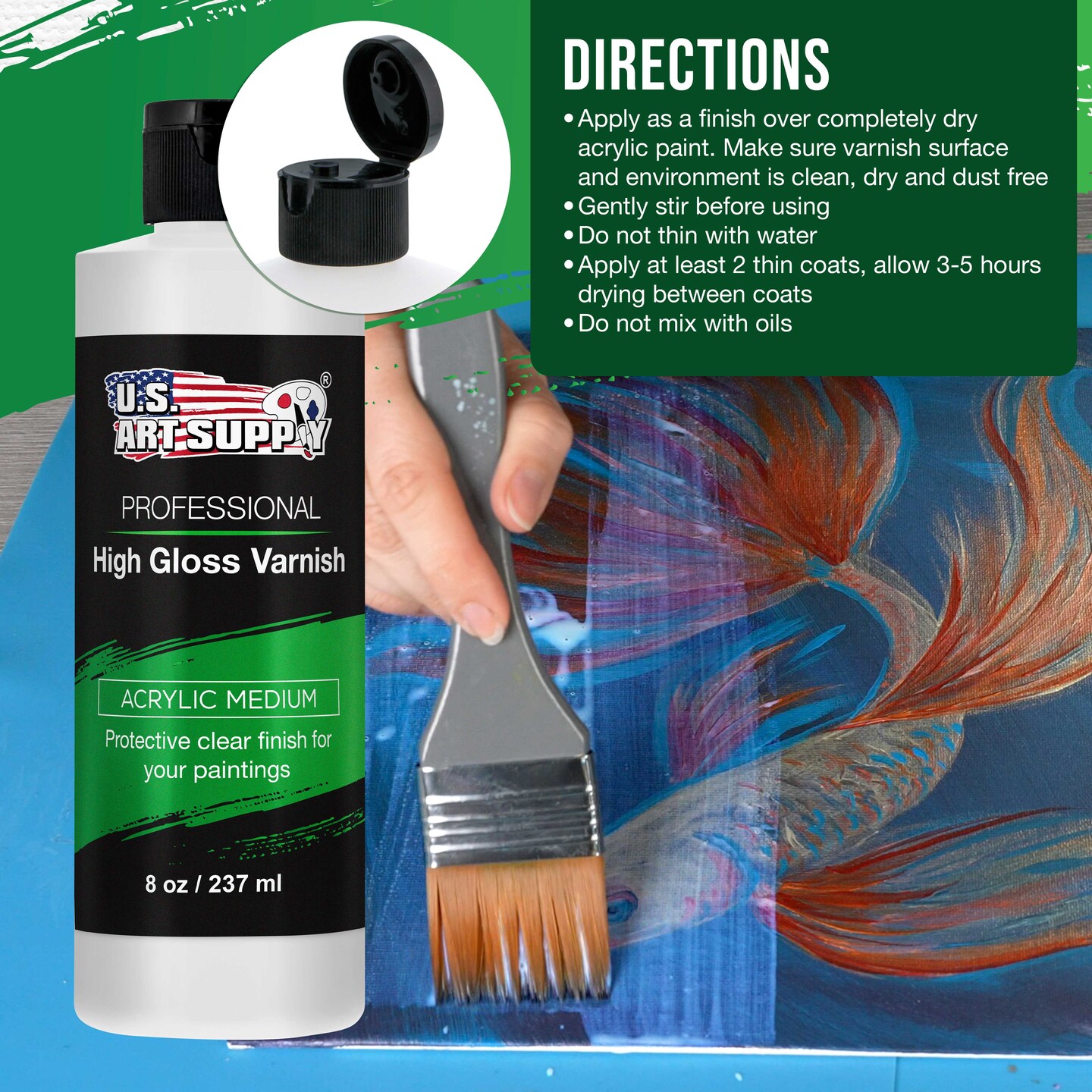 8 oz High Gloss Varnish for Acrylic Paintings - Clear Protective Finish with UV Protection