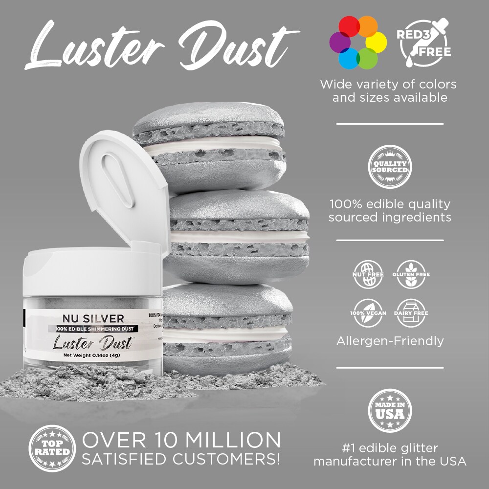 Bakell - Nu Silver Luster Dust (4g, 1x Jar) Edible Vegan Dust & Paint for Baking, Desserts and Beverages