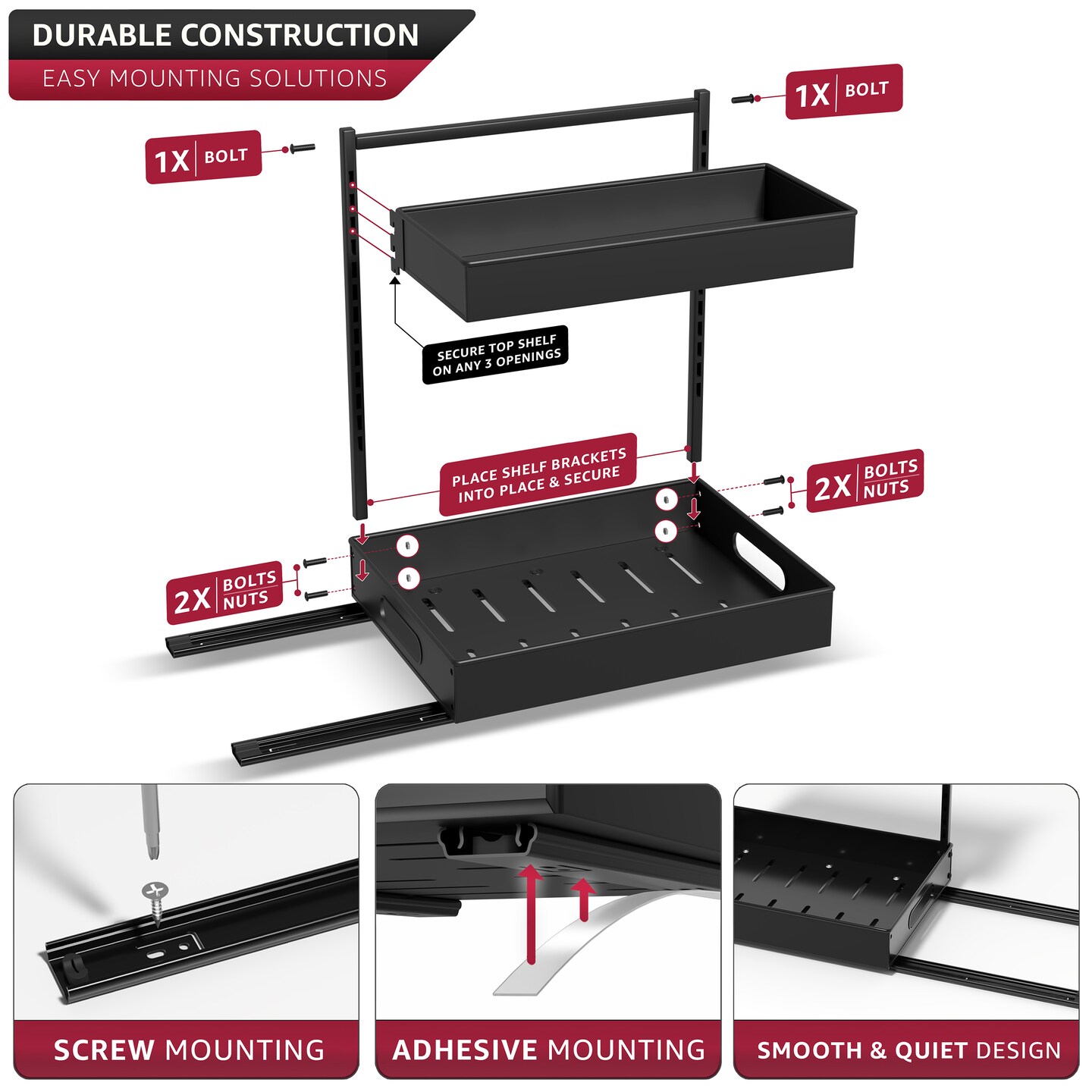 Sorbus Under Sink Organizer with Sliding Tracks and Adhesive Tape - 2-Tier Pull-Out Storage Rack for Kitchen and Bathroom - No Drill Under Sink Organization Storage Cabinet Shelf