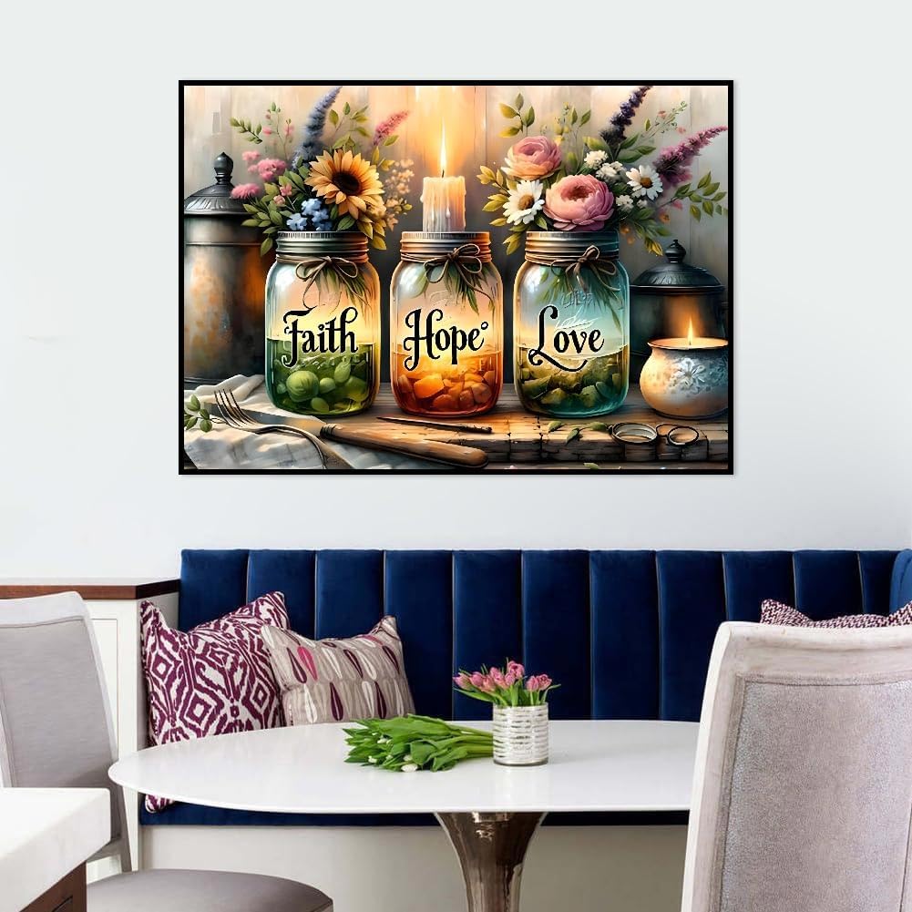 5D Diamond Painting Kits for Adults, Faith, Hope, Love Wishing Bottle Diamond Art kit for Adults Beginner, DIY Full Drill Diamond Dots with Diamond Gem Art and Crafts for Home Wall Decor 16 x 12 Inch