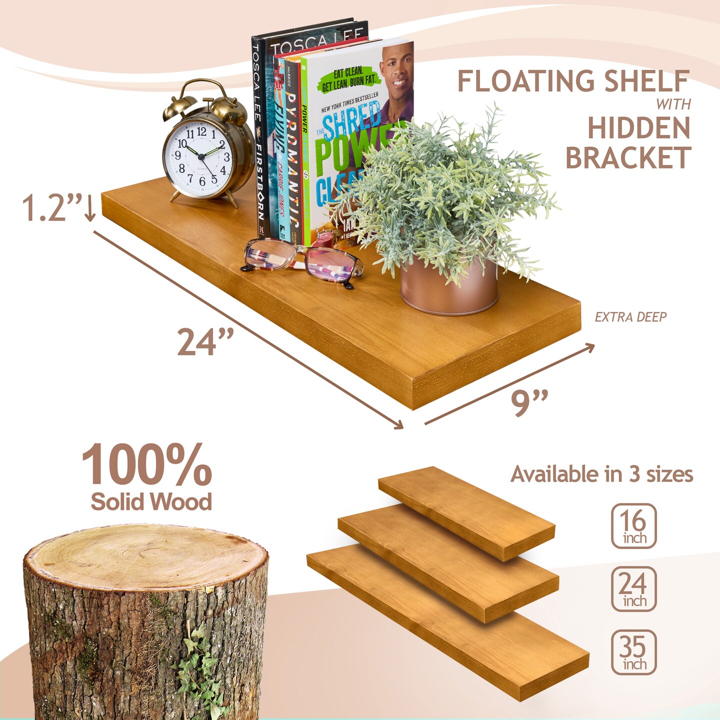 Sorbus Wood Floating Shelves for Wall - 24&#x201D; Solid Wood Wall Shelves for Bathroom Decor, Books, Bedroom &#x26; Living Room - Set of 2 Black Wall Mounted Kitchen Shelves - Durable 100% Premium Solid Pine